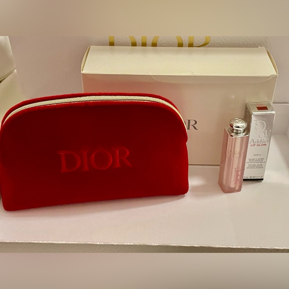 Dior Red Velvet Cosmetic Pouch with Embossed Logo